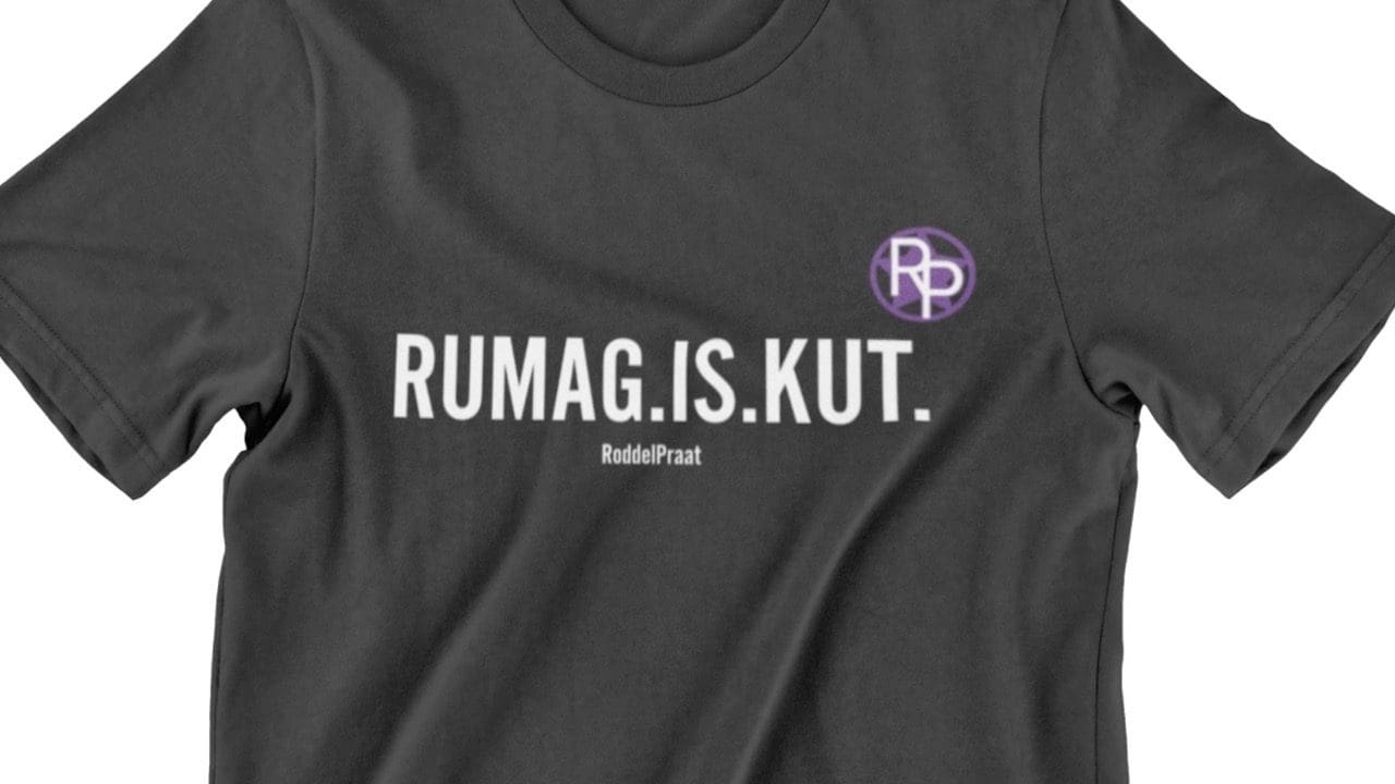 Steun Roddelpraat, koop dit RUMAG IS KUT-shirt